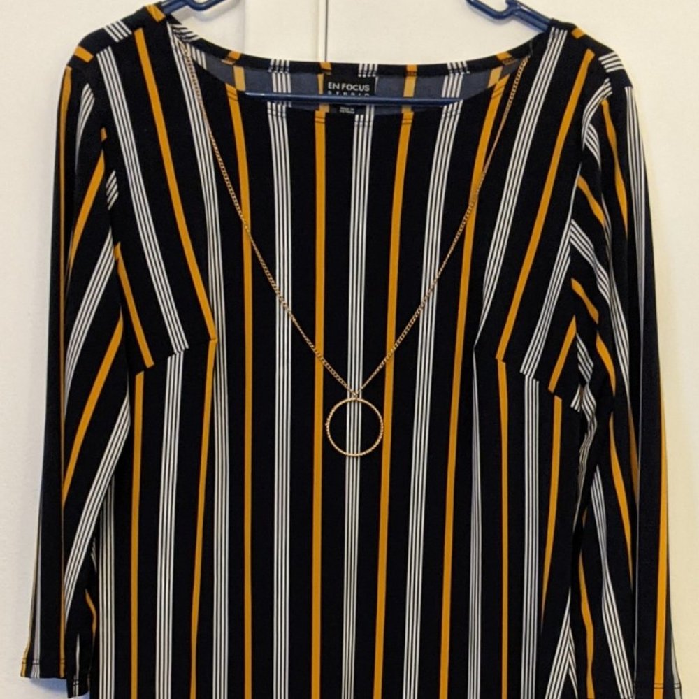 Navy Gold & White Striped Long-Sleeved Dress